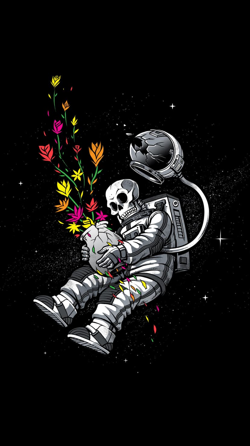 Skeleton astronaut in a white suit holding a cracked flower pot with colorful petals floating in dark space.