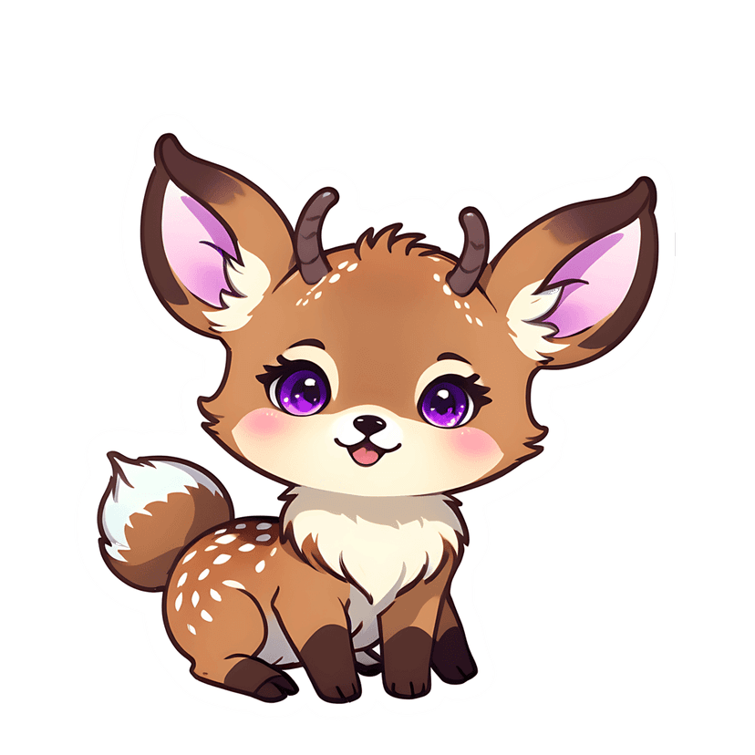 Brown deer sticker illustration featuring white spots, purple eyes, and a die-cut border on a white outline.