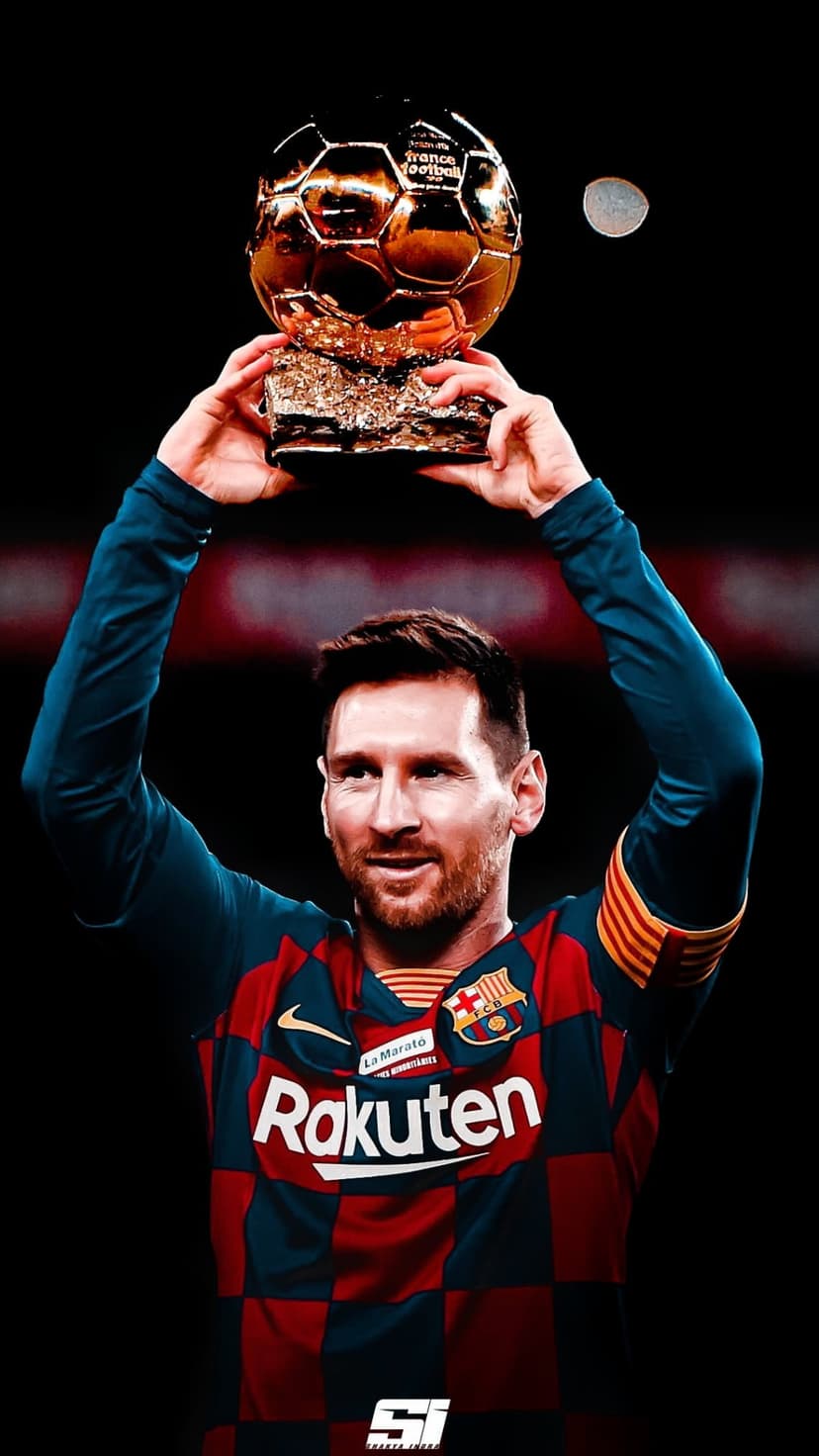 Lionel Messi holds a gold Ballon d'Or trophy while wearing a blue and red striped FC Barcelona jersey.