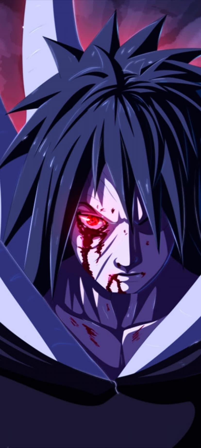Obito Uchiha with a blood-streaked Sharingan eye gazing intensely through heavy shadows and dark lighting.