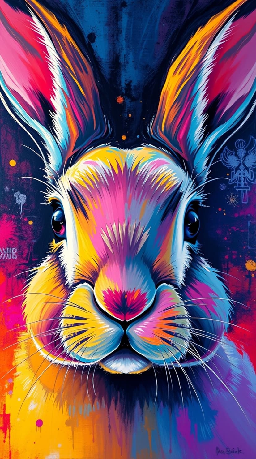 Rabbit head with long ears rendered in neon pink, blue, and yellow brushstrokes against a dark background.