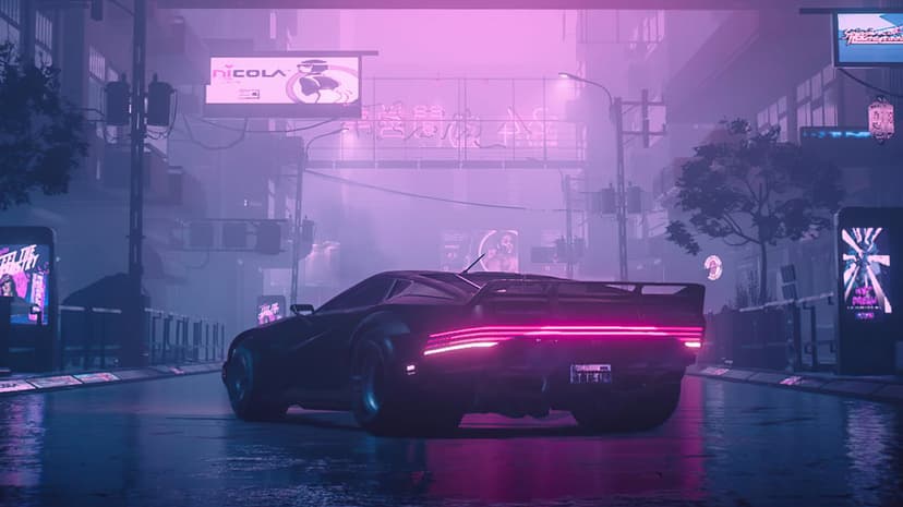 Rear view of a black futuristic car with glowing red taillights on a wet street under pink neon city lights.