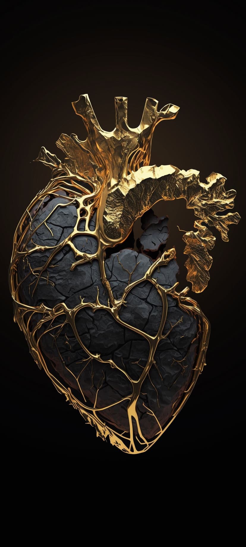 Cracked black stone heart wrapped in organic gold filigree with a textured surface and deep shadow contrast.