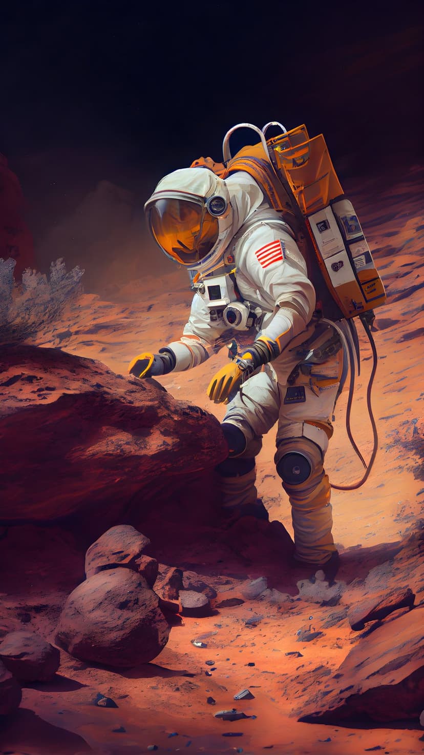 Astronaut in a white and orange spacesuit touches a weathered rock on a dusty, red-colored alien landscape.