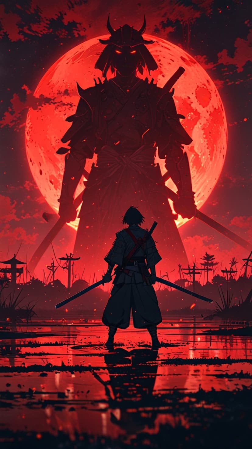 Two samurai warriors face each other on water as a giant spectral silhouette looms behind a red blood moon.