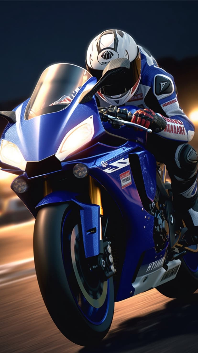 Blue racing motorcycle rider leaning into a track curve at dusk with glowing headlights and motion blur.