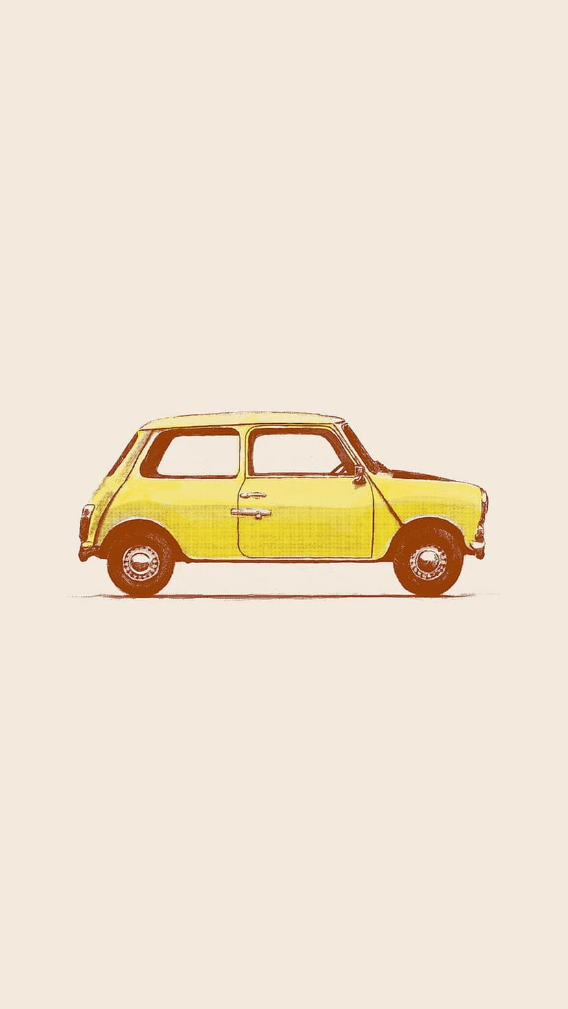 Yellow classic Mini Cooper car shown in profile with fine hatching details on a plain beige background.
