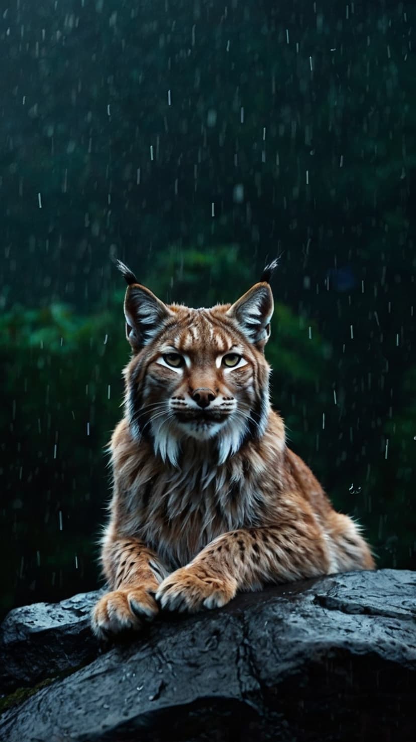 Lynx with yellow eyes and ear tufts sits on a wet rock in the rain with a blurred green forest background.