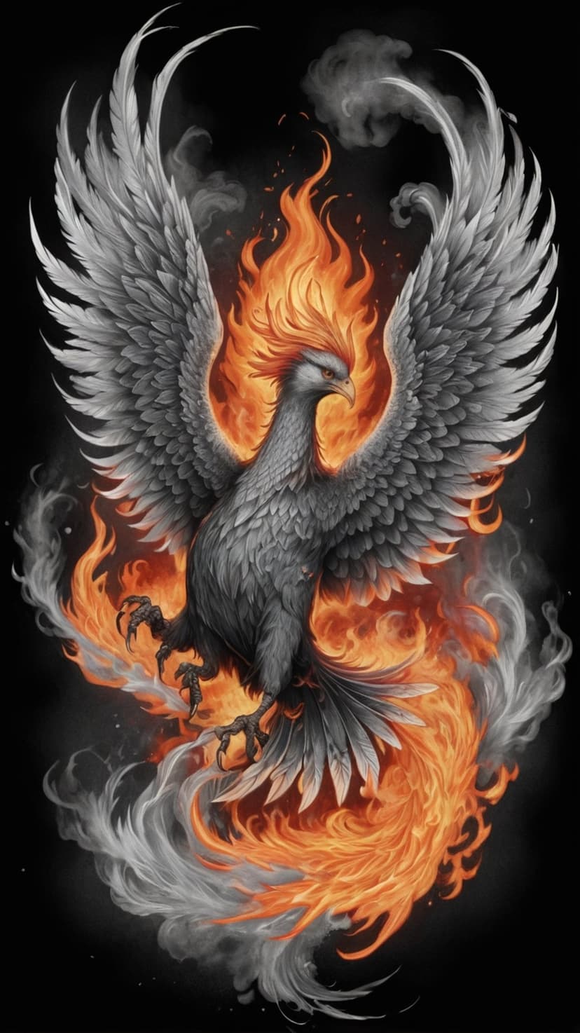Phoenix with gray wings emerges from swirling orange and red flames against a dark, smoky, ember-filled backdrop.