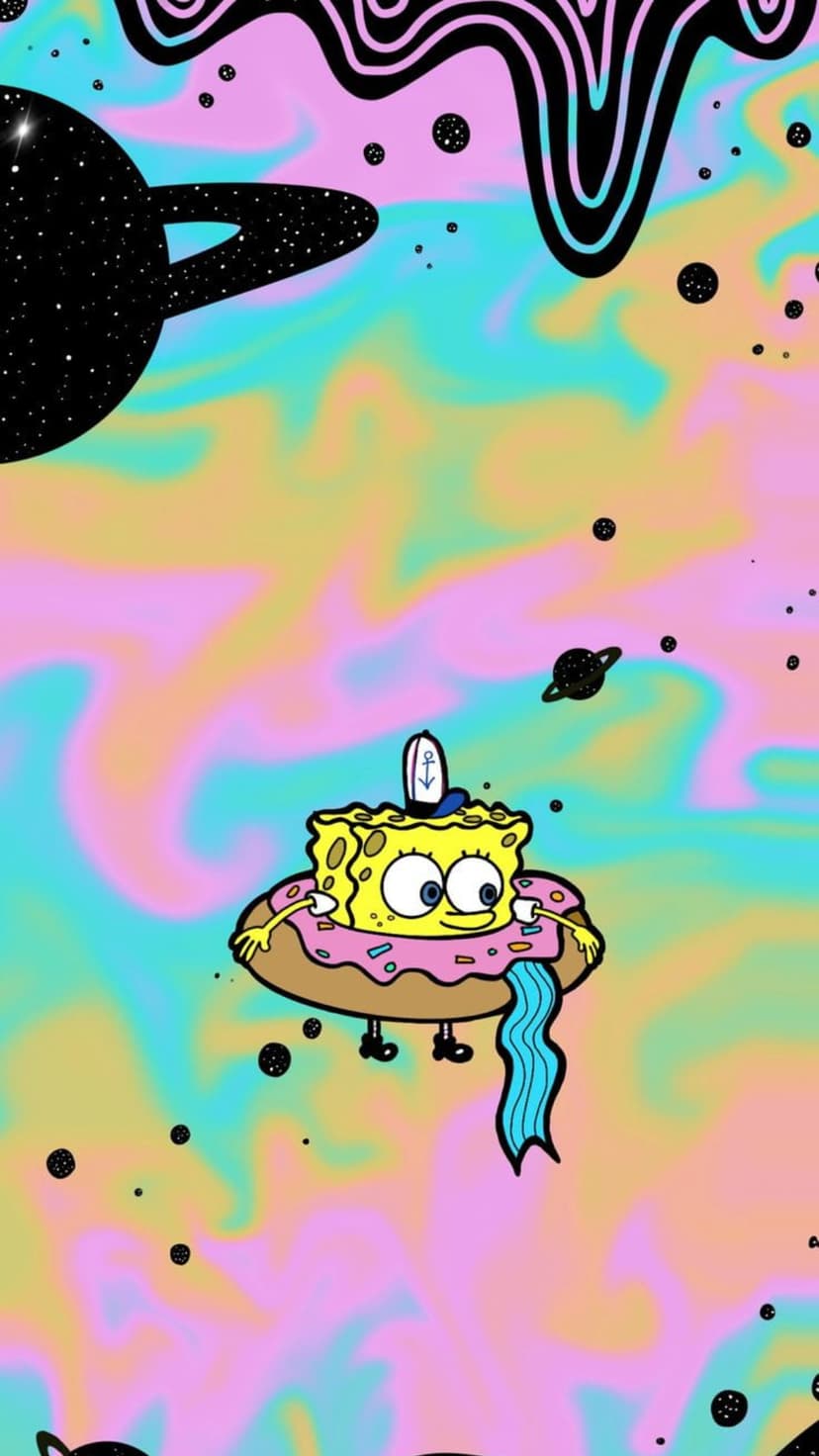Spongebob Squarepants rides a giant donut through a swirling pink and blue nebula with black celestial spheres.