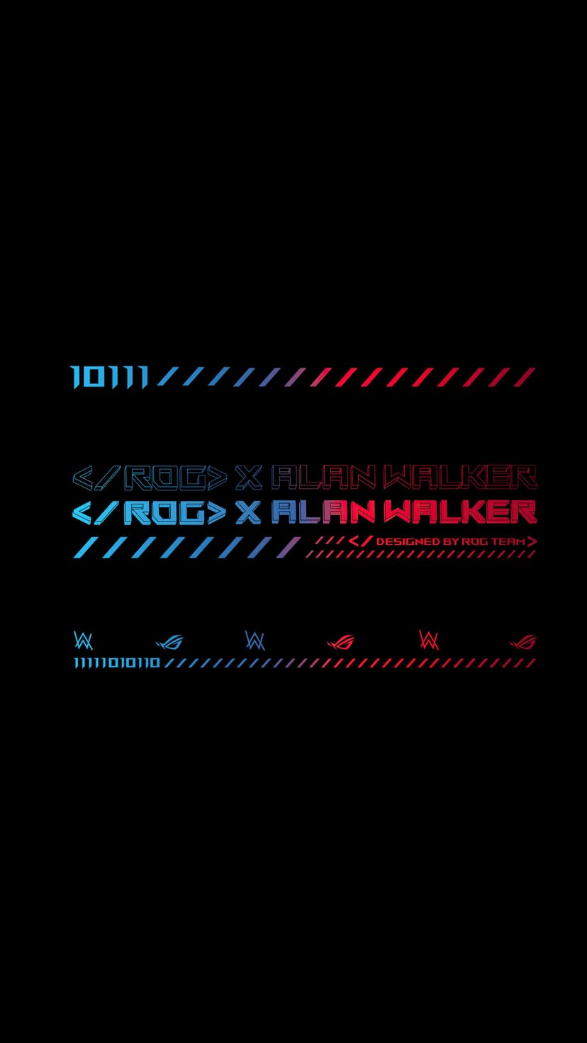 ROG eye and Alan Walker logo glow with neon gradients over a vertical field of scrolling digital binary code.