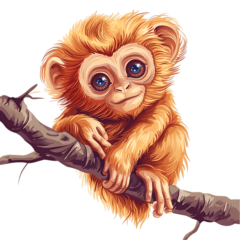 Baby orangutan with orange fur sits on a dark branch against a black backdrop, featuring large blue eyes.