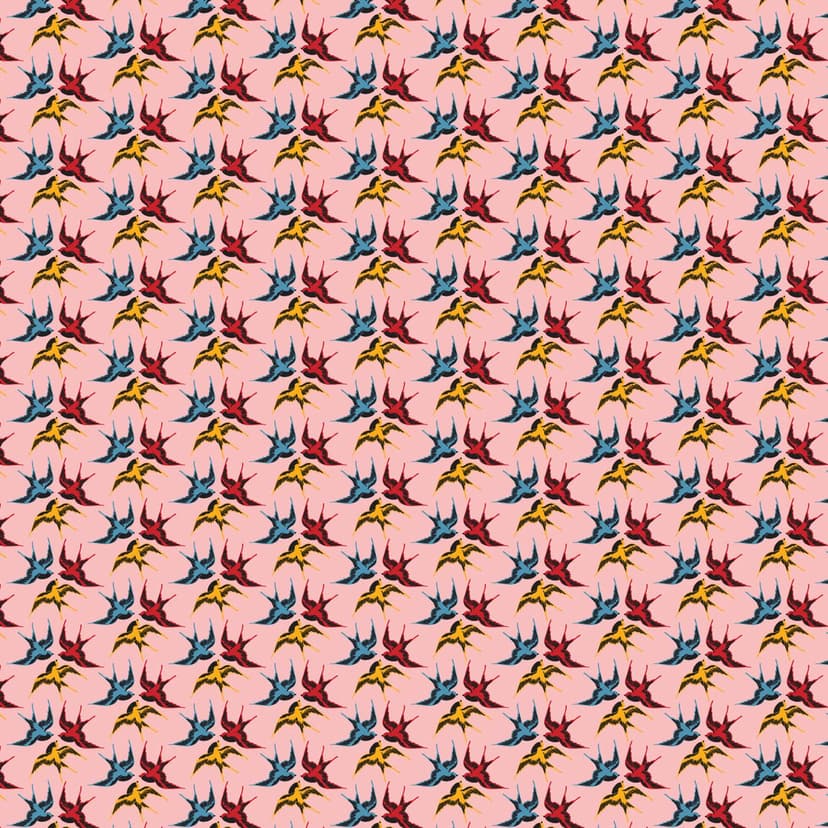 Stylized red, yellow, and blue swallows fly in a repeating pattern across a soft pastel pink background.