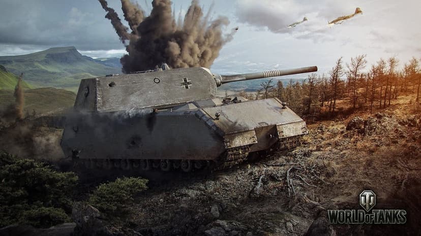 German Maus tank on a scorched hill under a smoke-filled sky with aircraft flying over a gritty landscape.