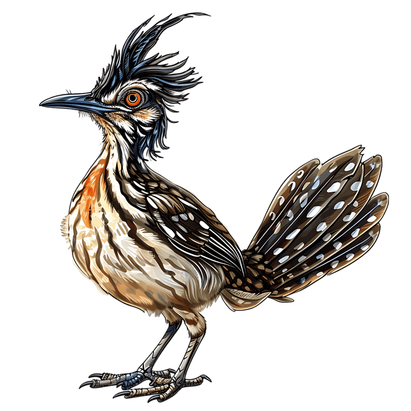 Greater Roadrunner bird illustration featuring a distinctive head crest and orange eye on black background.