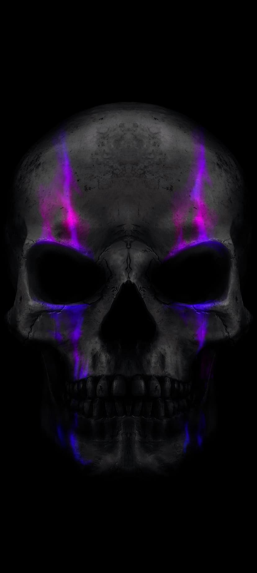 Human skull with textured gray bone illuminated by vibrant purple and blue light streaks against a dark background.