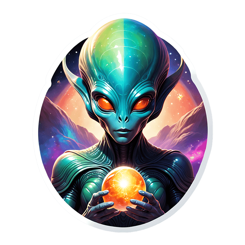 Teal alien sticker character holds a glowing orange orb against a purple and blue cosmic nebula background.