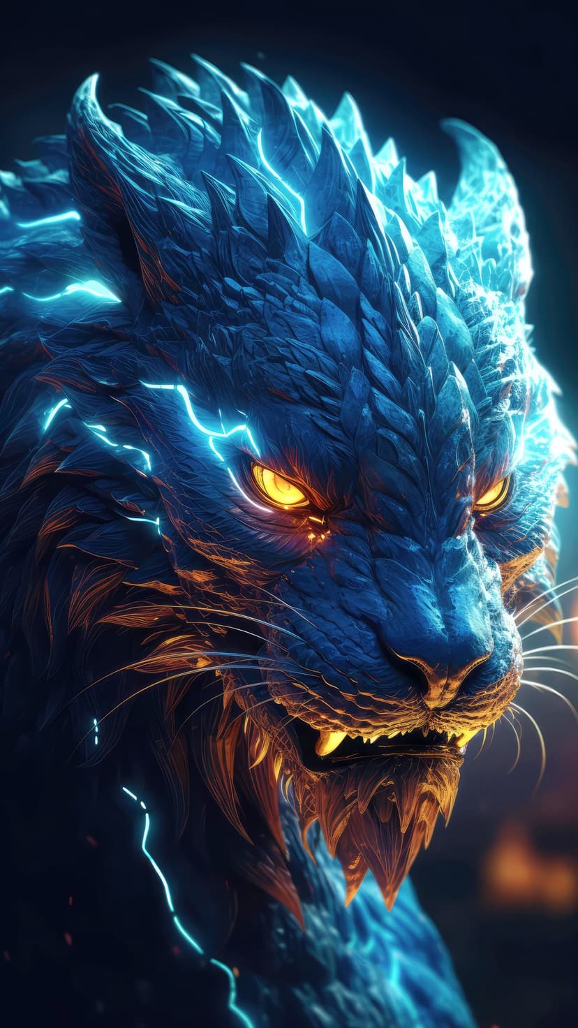 Blue wolf with luminous gold eyes and snarling fangs is enveloped in crackling electric blue lightning bolts.
