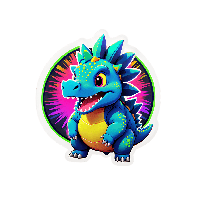 Blue dinosaur sticker with yellow belly and crystalline spikes sits inside a neon pink radiating circle border.