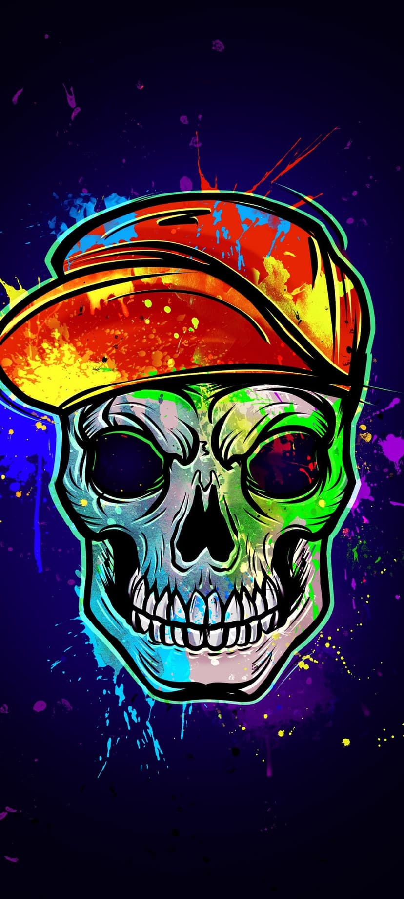 Skull wearing a baseball cap with neon green highlights against a purple background with colorful paint drips.