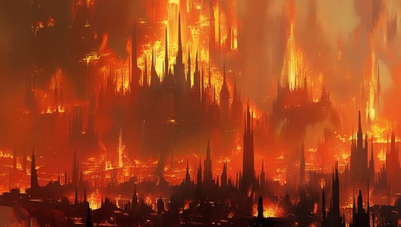 Dark gothic spires burn under a churning orange sky filled with embers and smoke in a vertical city landscape.