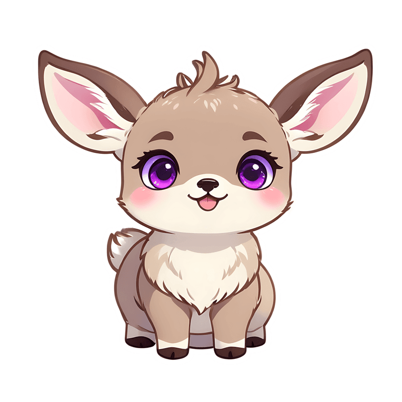 Deer sticker illustration with purple eyes and a fluffy cream chest features a white die-cut border outline.
