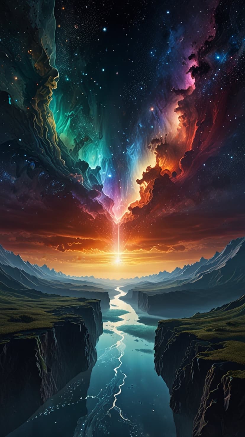 Radiant purple stream winding through a rocky gorge beneath a vibrant starry nebula and sunset glow.