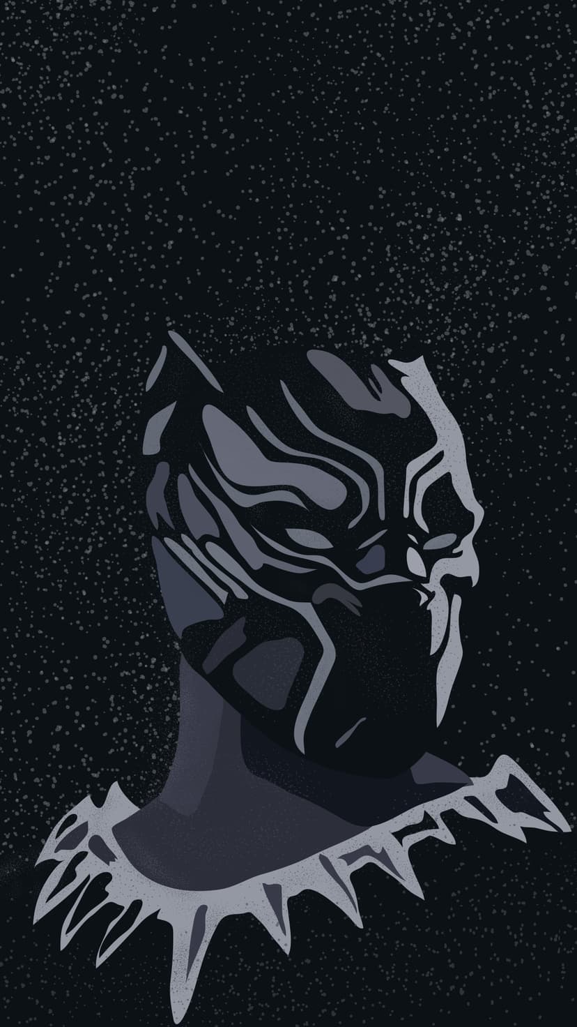 Black Panther mask silhouette with sharp lines on a dark gray background filled with tiny white stars.