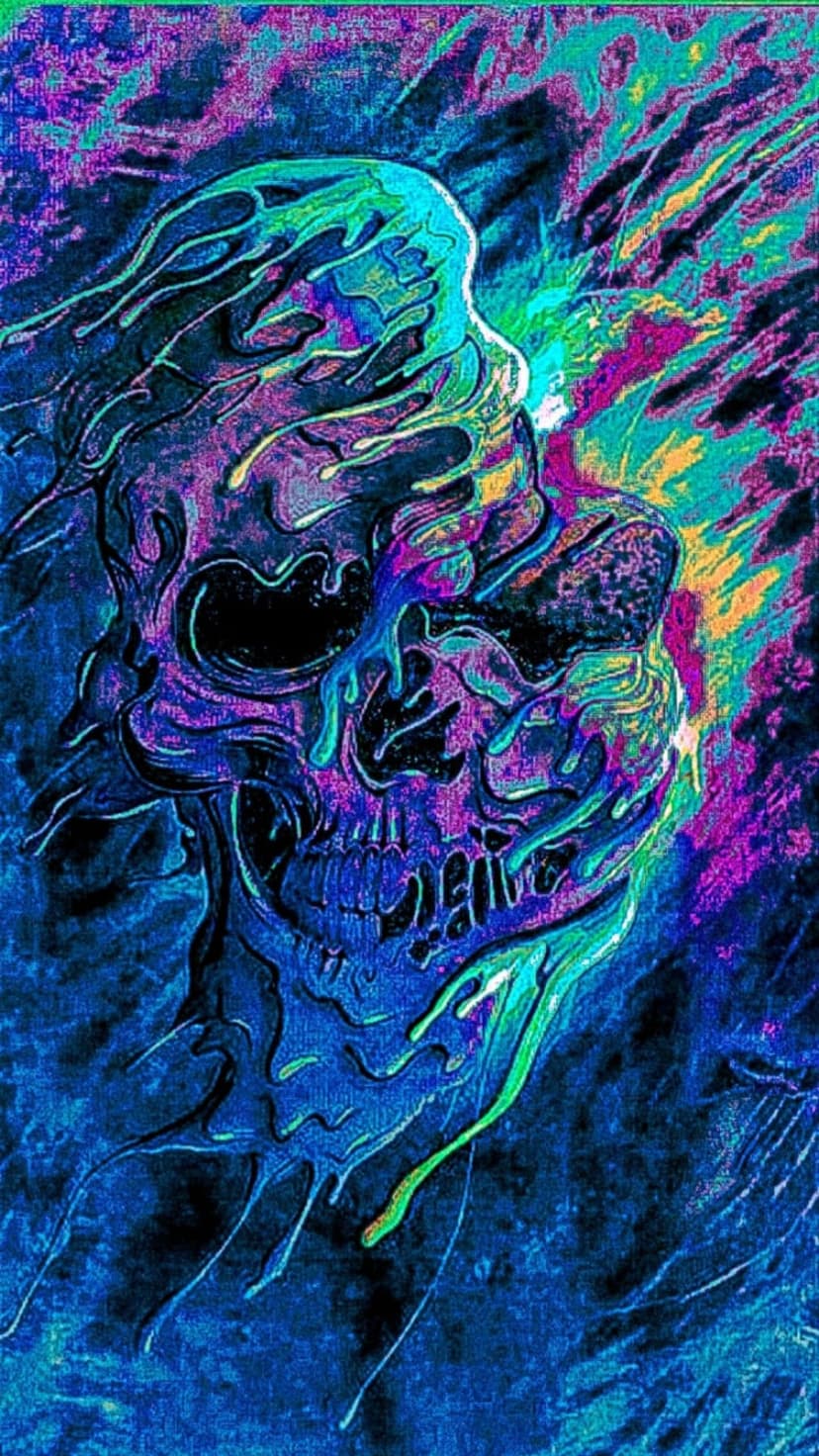 Skull dripping fluorescent blue and purple paint with a melting texture against a dark, moody background.