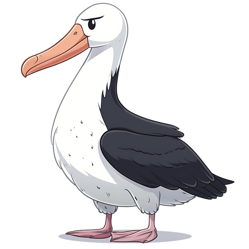 Albatross bird cartoon illustration with a large pink beak, gray wings, and pink webbed feet on a clear background.