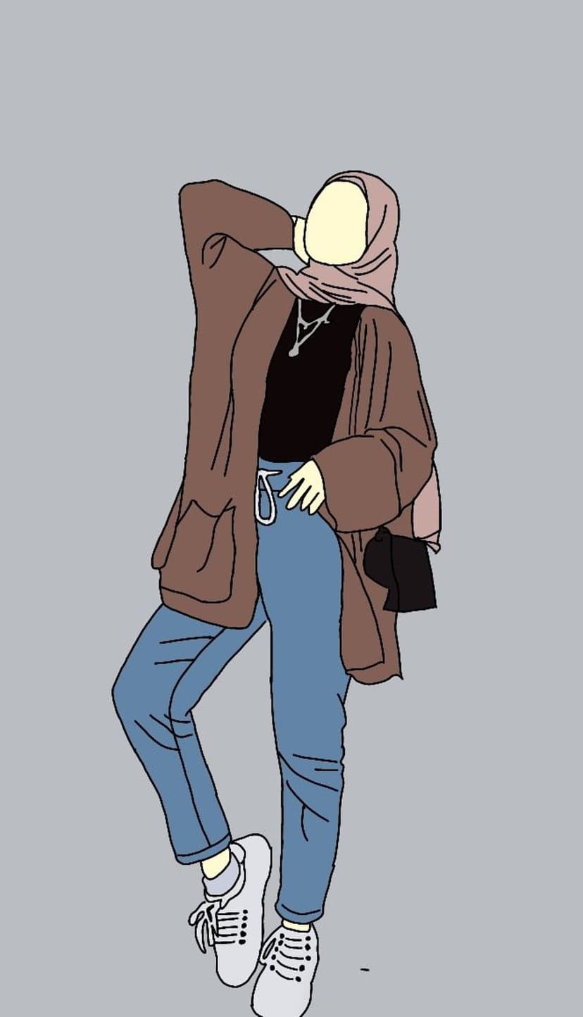 Stylish woman wearing a pink hijab, brown cardigan, and blue jeans stands with one hand behind her head.