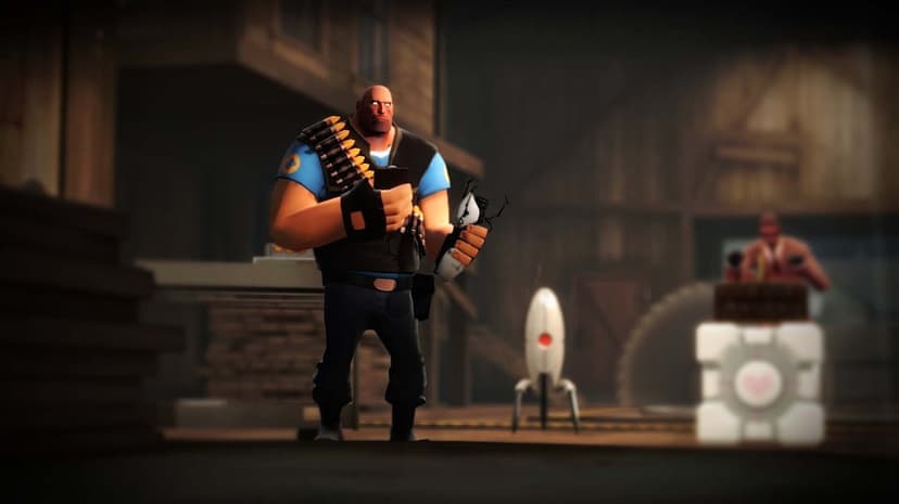 Blue Heavy from Team Fortress 2 holding a Portal Gun and tablet in a barn with a Portal turret and cube.
