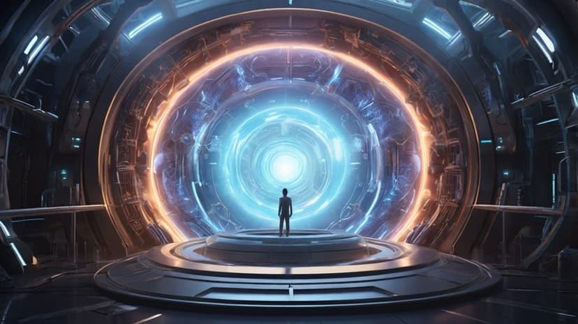 Solitary human silhouette stands before a glowing blue and orange circular portal in a dark metallic hangar.