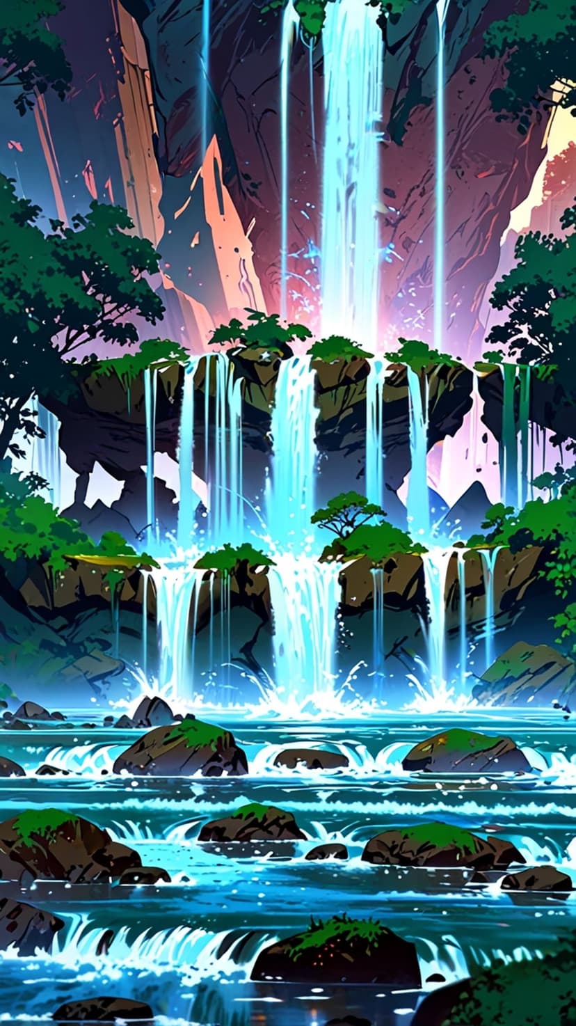Multi-tiered waterfall cascading over mossy rocks between glowing pink and blue cliffs in a lush green valley.