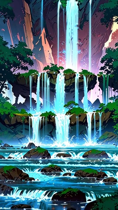 Luminous Fantasy Waterfall Phone Wallpaper Nature Scene