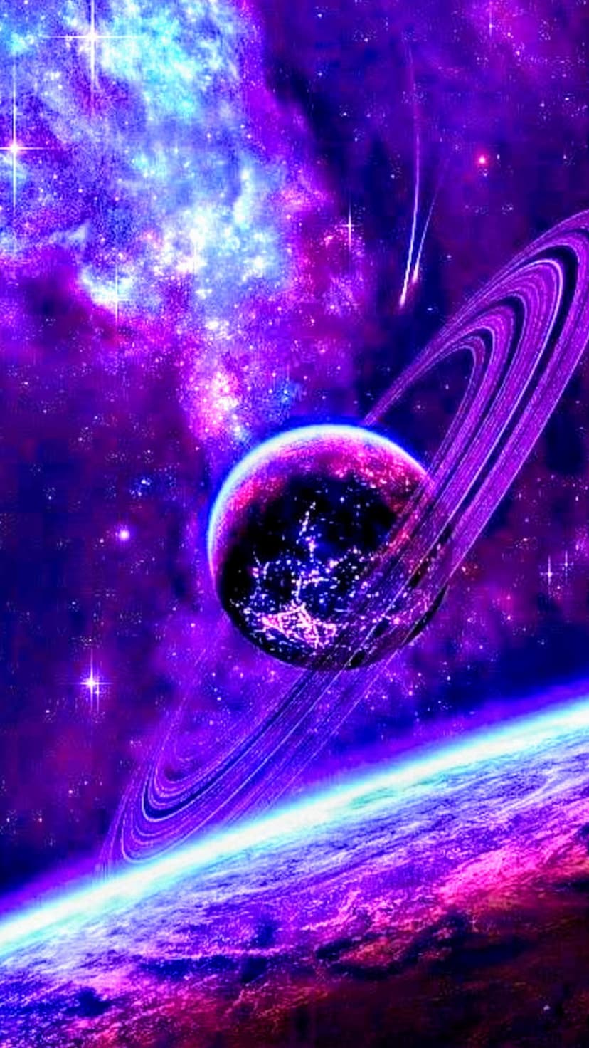 Ringed planet floating amidst a swirling purple nebula with streaking comets and a glowing teal aurora backdrop.