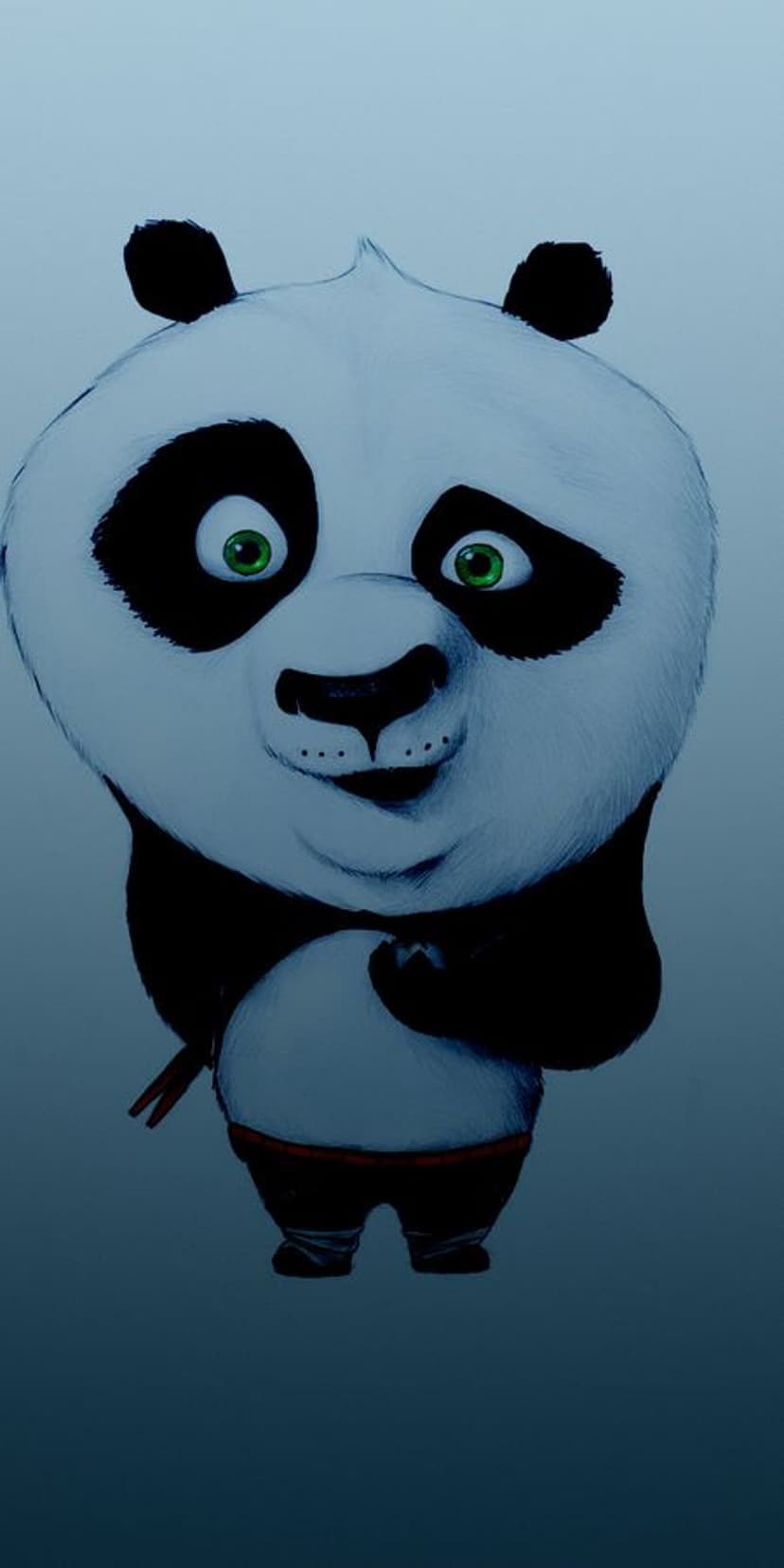 Po the panda with bright green eyes and a friendly smile centered against a soft blue gradient background.