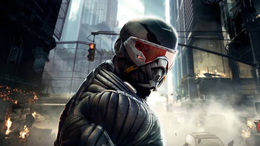 High-tech soldier in a detailed Nanosuit with a glowing red visor standing in a ruined urban city landscape.