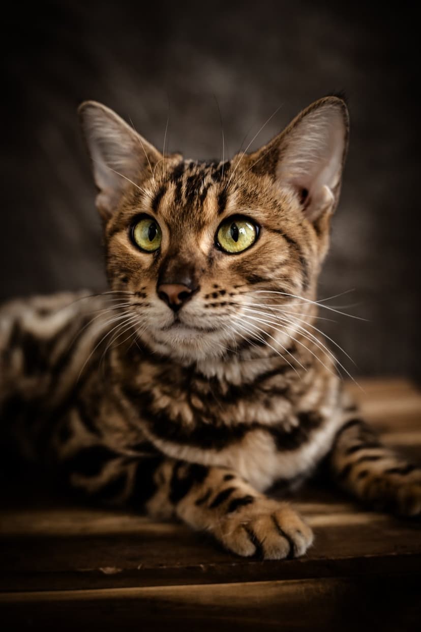 Bengal cat with vivid green eyes and spotted fur lies on a wooden surface against a dark, textured background.