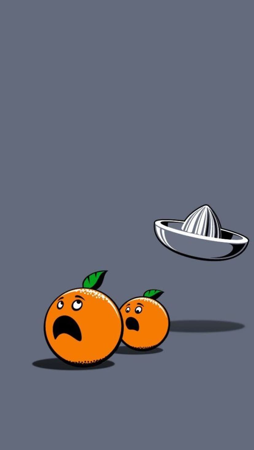 Two wide-eyed cartoon oranges recoil in fear from a mechanical juicer against a solid gray background.