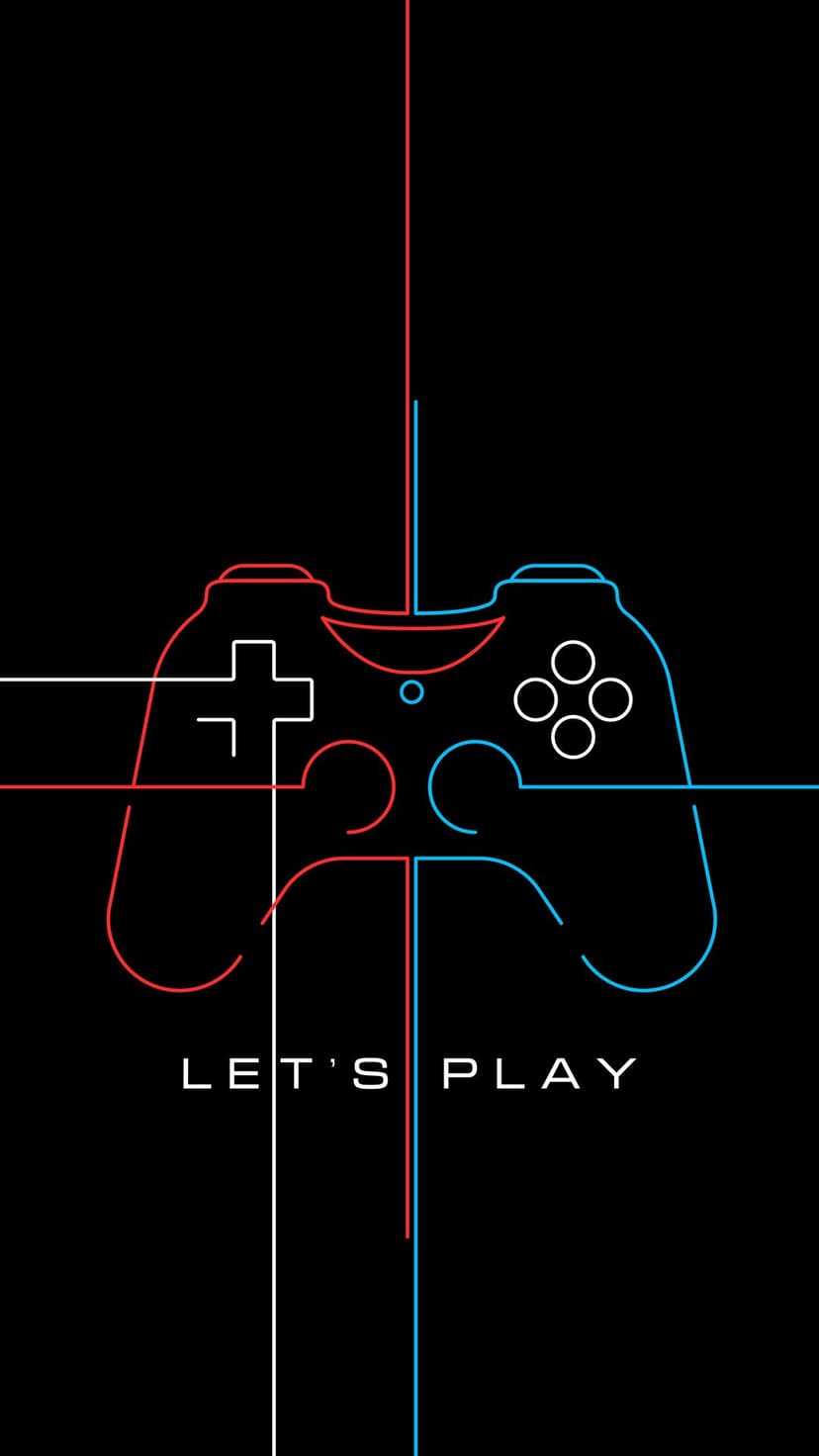 Game controller in red and blue neon outlines with Let's Play text on a solid black vertical background.