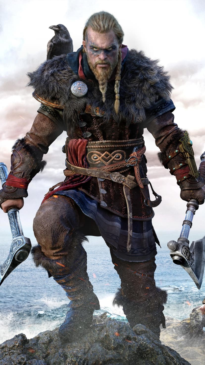 Viking warrior with blue face paint holding axes and a raven on his shoulder against a coastal background.