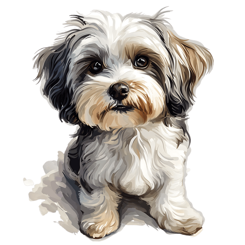 Shih Tzu puppy with fluffy white and tan fur sitting against a solid black background in a digital painting.