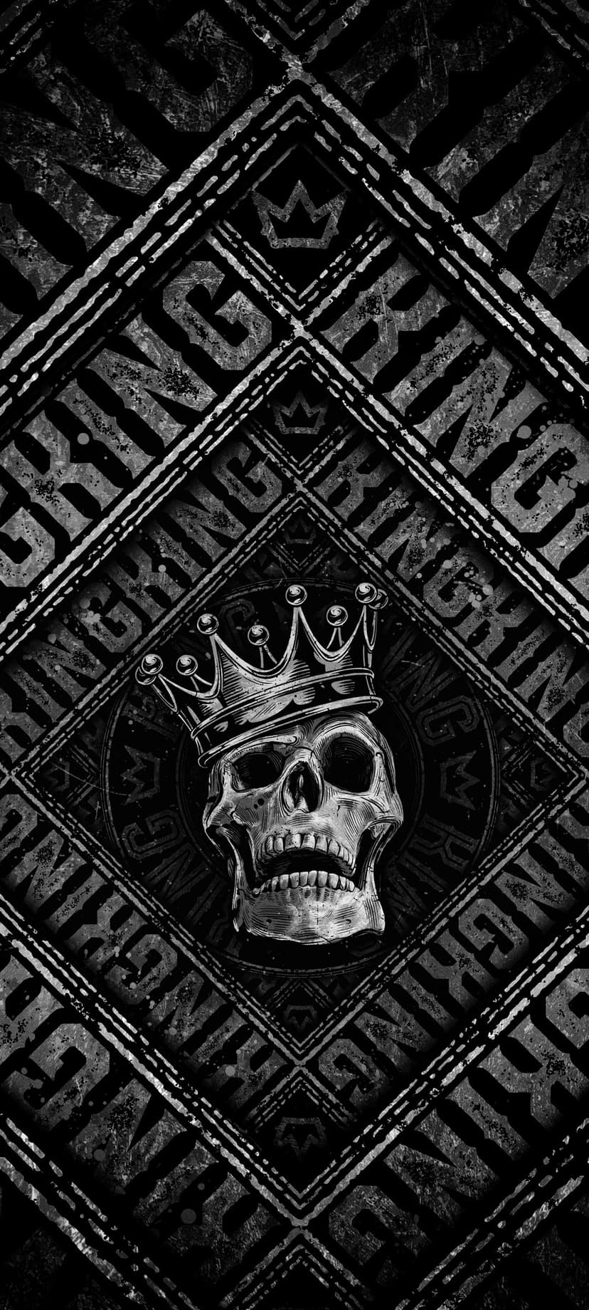 Human skull wearing a detailed royal crown centered inside an intricate diamond-shaped pattern of textures.