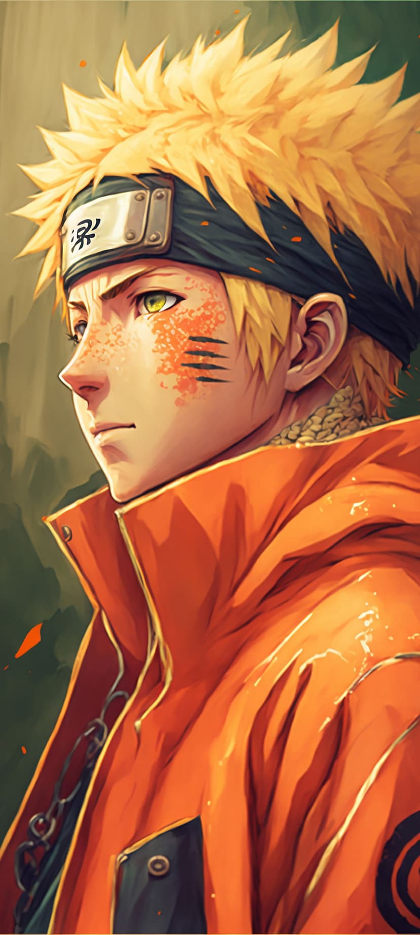 Naruto Uzumaki with spiky blonde hair and whisker marks wears his orange jacket in a warm-toned portrait view.