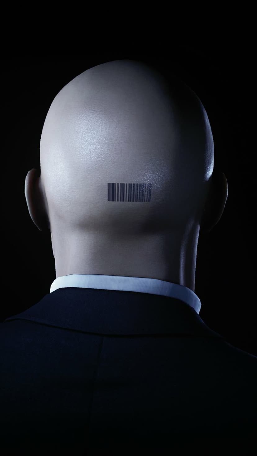 Back of Agent 47's bald head featuring a black barcode tattoo, wearing a dark suit with a sharp white collar.