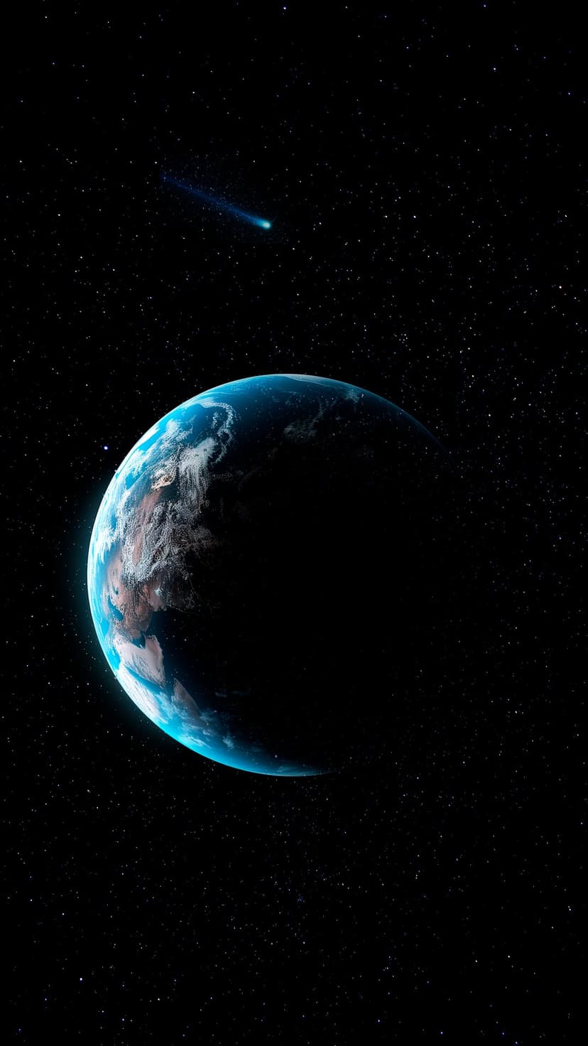 Planet Earth in crescent phase beside a bright comet with a long glowing tail against a dense field of stars.
