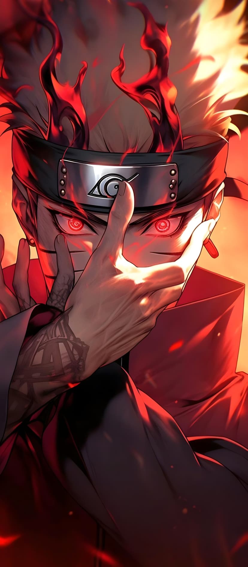 Naruto Uzumaki displays glowing red eyes and orange chakra whisker marks in his Nine-Tails transformation.