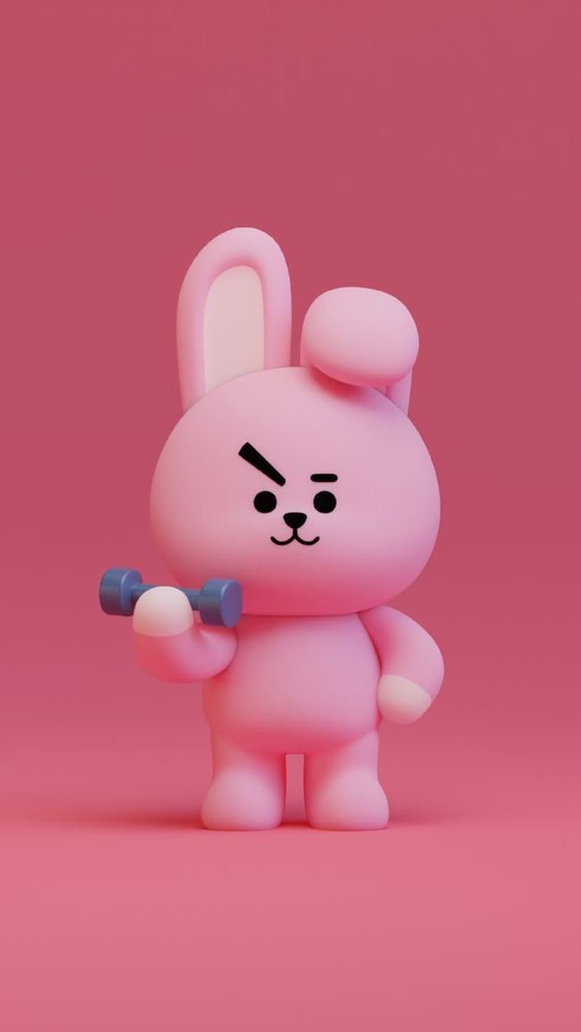 Pink bunny character Cooky flexing a bicep with a blue dumbbell against a monochromatic pink background.