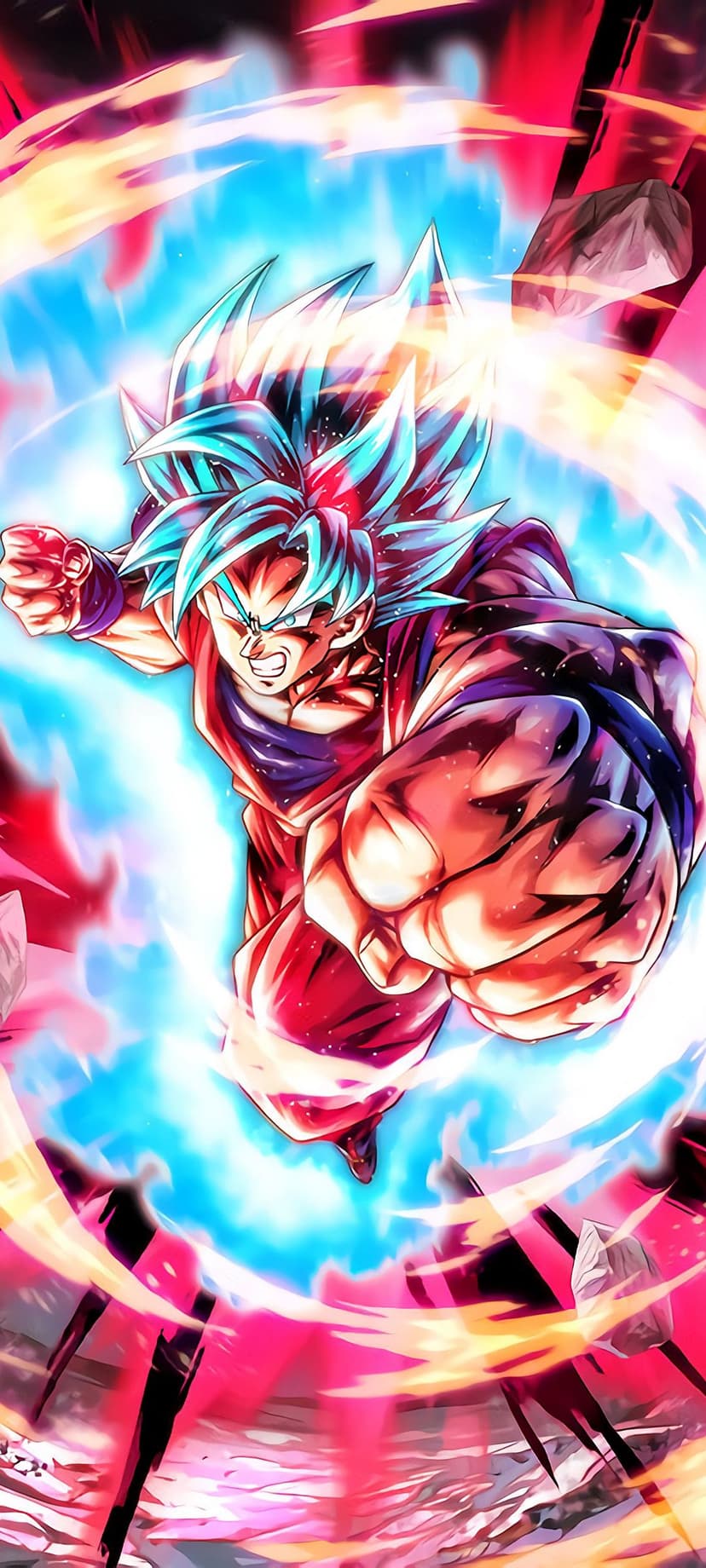 Goku Super Saiyan Blue charging a cyan Kamehameha with red electrical sparks and a radiant energy aura.